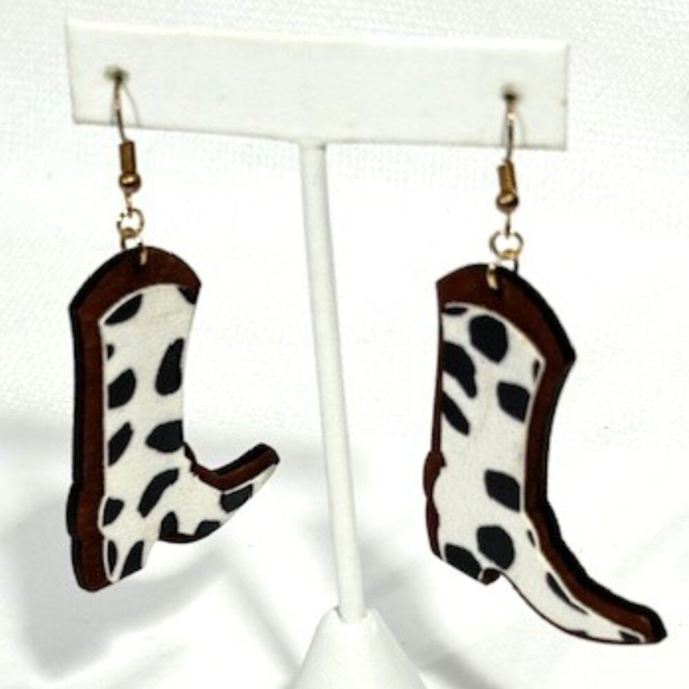Wooden cow print ladies' cowboy boots earrings.
